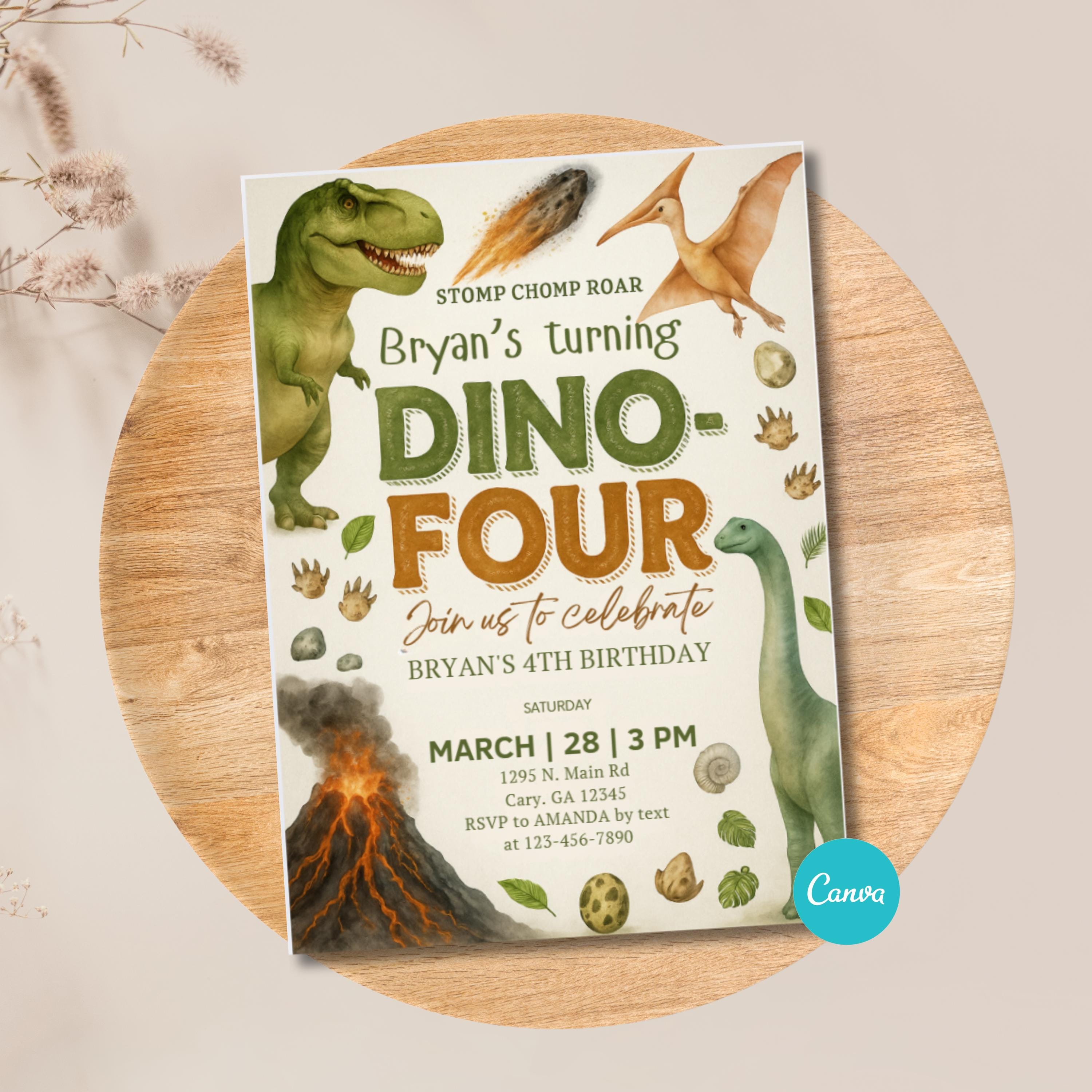 Invito Dinosauro DINO FOUR: invito modificabile per la festa del 4o compleanno di Dino per ragazzi su Canva, invito stampabile Dino-Four, download imm