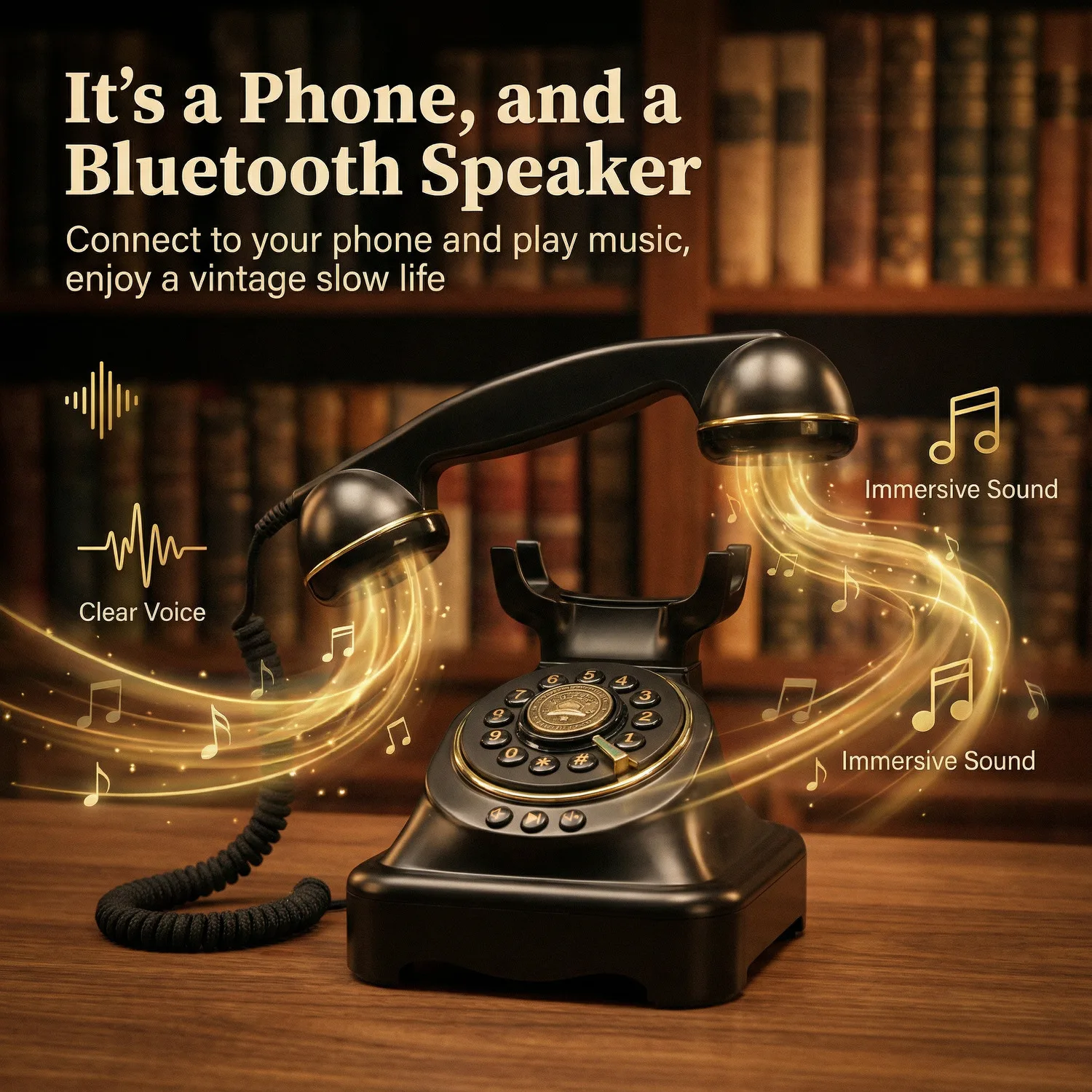 Retro Bluetooth Cordless Phone Vintage Rotary Dial Telephone with Bluetooth 5.2 Speaker Music Player 3-Button Easy Control Voice