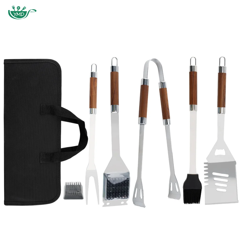 Set di Utensili Premium per Barbecue in Acciaio Inox con Manico in Legno 5 Pezzi con Borsa Portatile