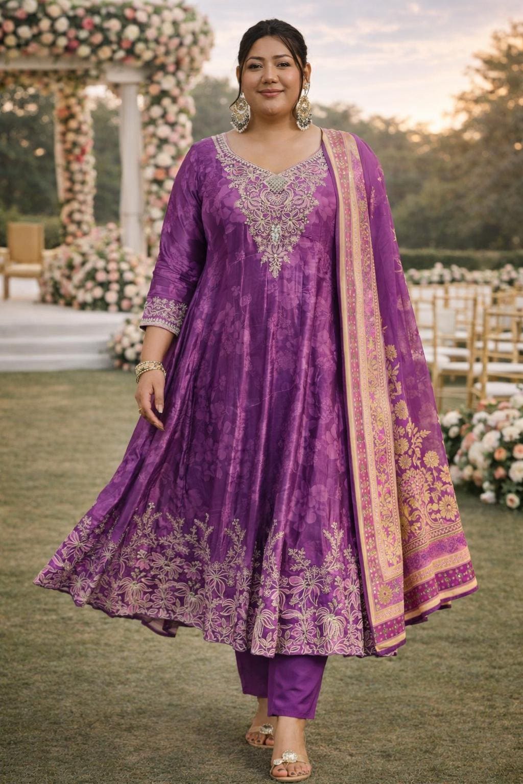 Completo Kurta Anarkali viola con dupatta / Completo Kurta taglie forti 6XL / Completo Kurta Palazzo in crepe di seta ricamato / Abito da sposa indian