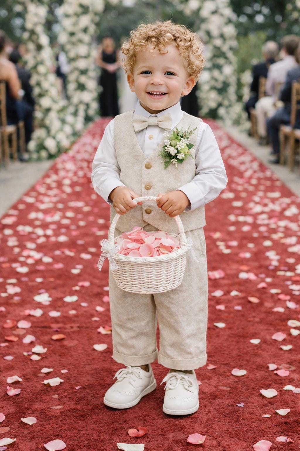 Completo in lino naturale per neonato, set gilet, pantaloni e papillon, completo per paggetto, completo per matrimonio rustico per neonato da 3 mesi a