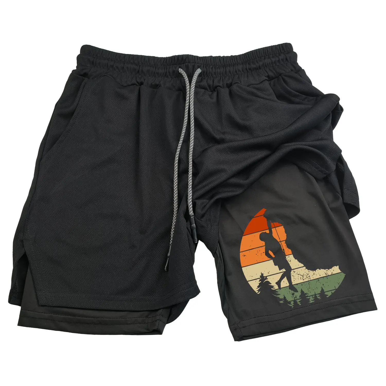 Climbing pattern print, men's double-layer sports shorts, with a phone pocket, suitable for sports and outdoor activities!