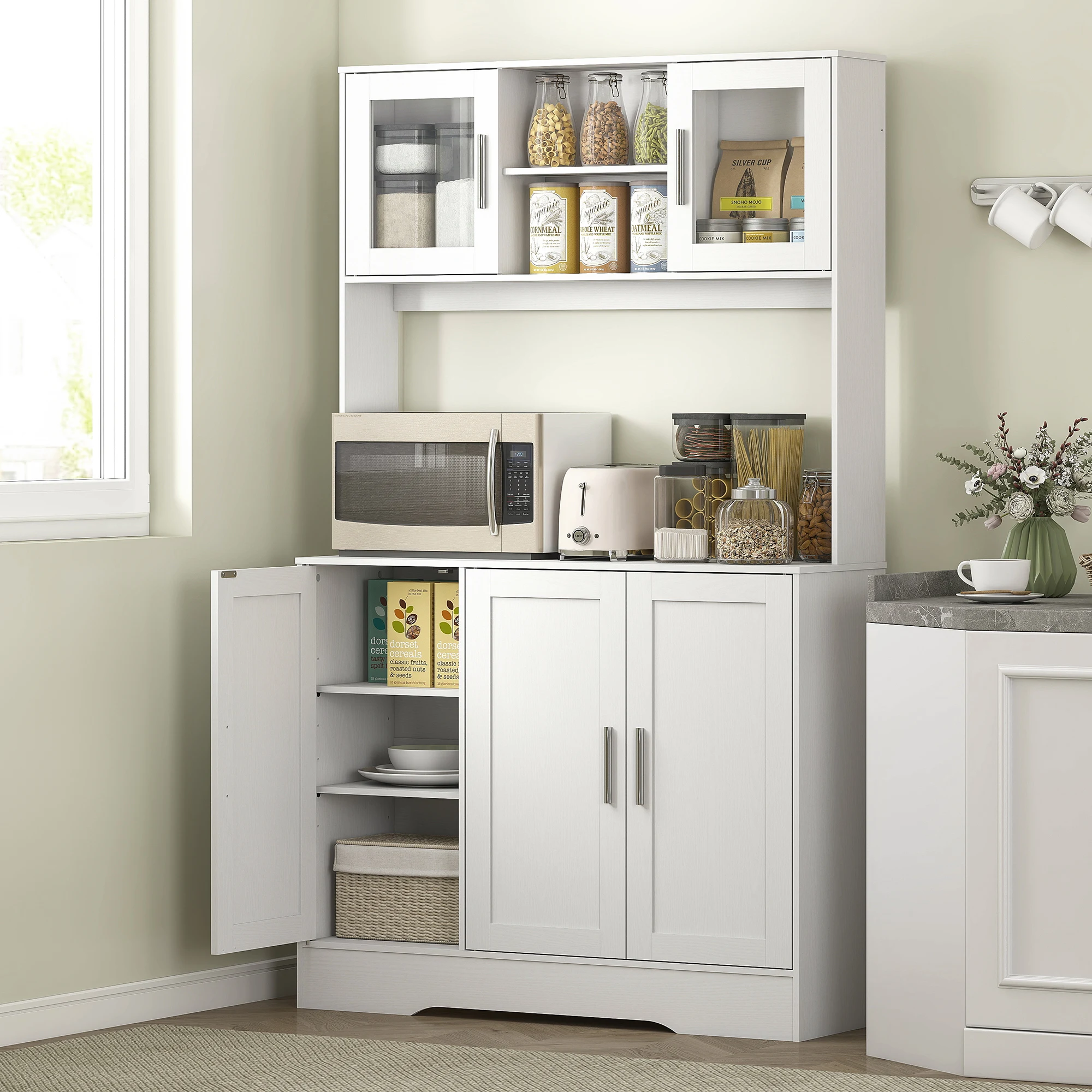 HOMCOM Credenza Cucina Alta 180cm, Mobile Dispensa con 4 Armadietti, Ante in Vetro Temperato, 2 Ripiani Aperti, Ripiani Regolabili, Piano Portamicroonde, per Sala da Pranzo Soggiorno, Bianco