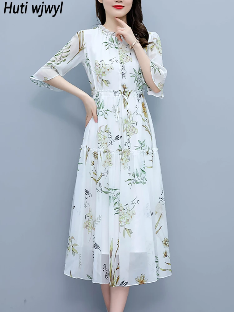 Abito longuette con colletto arruffato in Chiffon floreale bianco con maniche svasate abito lungo estivo Casual da spiaggia 2024 abito elegante aderente da donna