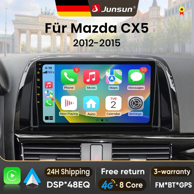Autoradio Android 15 Junsun 9'' per Mazda CX5 2012-2015, Wireless per Apple CarPlay, Schermo IPS, Stereo Multimediale, Lettore Video, Sistemi Intelligenti per Auto, 2 Din, Unità Principale,