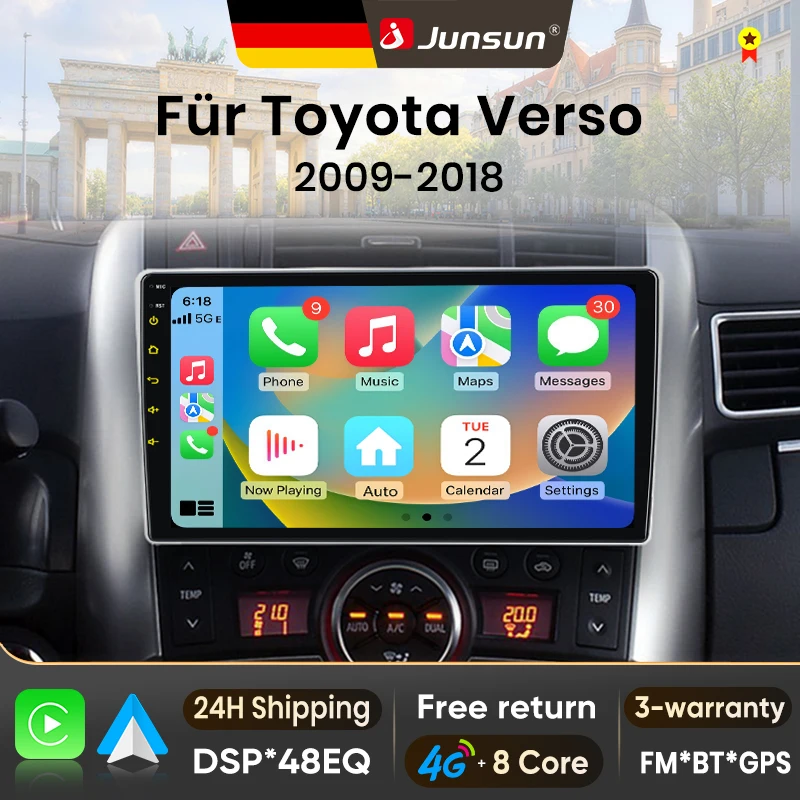 Autoradio Android 15 da 9 pollici Junsun per Toyota Verso R20 2009-2018, Wireless per Apple CarPlay, Schermo IPS, Stereo Multimediale, Lettore Video, Sistemi Intelligenti per Auto, Autoradio 2 Din,