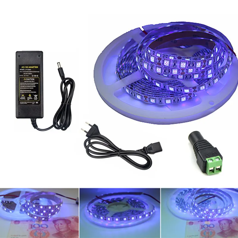 SMD 5050 Chip UV Led Strip Light non impermeabile bianco/nero PCB ultravioletto 395-410nm LED Strip DC12V Led Tape Lamp Power Supply