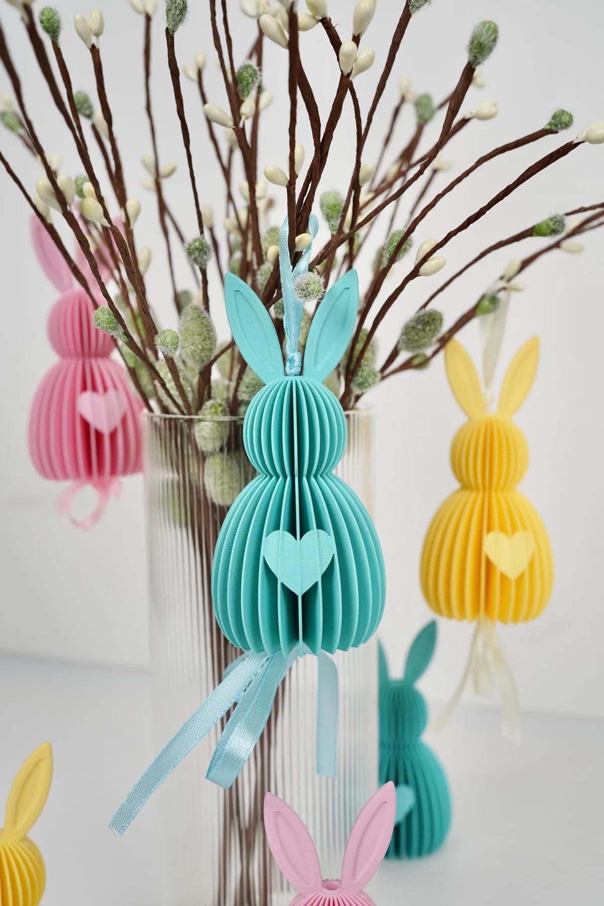 Ornamento coniglietto pasquale stampato in 3D | Coniglietto appeso in stile origami | Decorazione pasquale moderna | Decorazione primaverile pastello