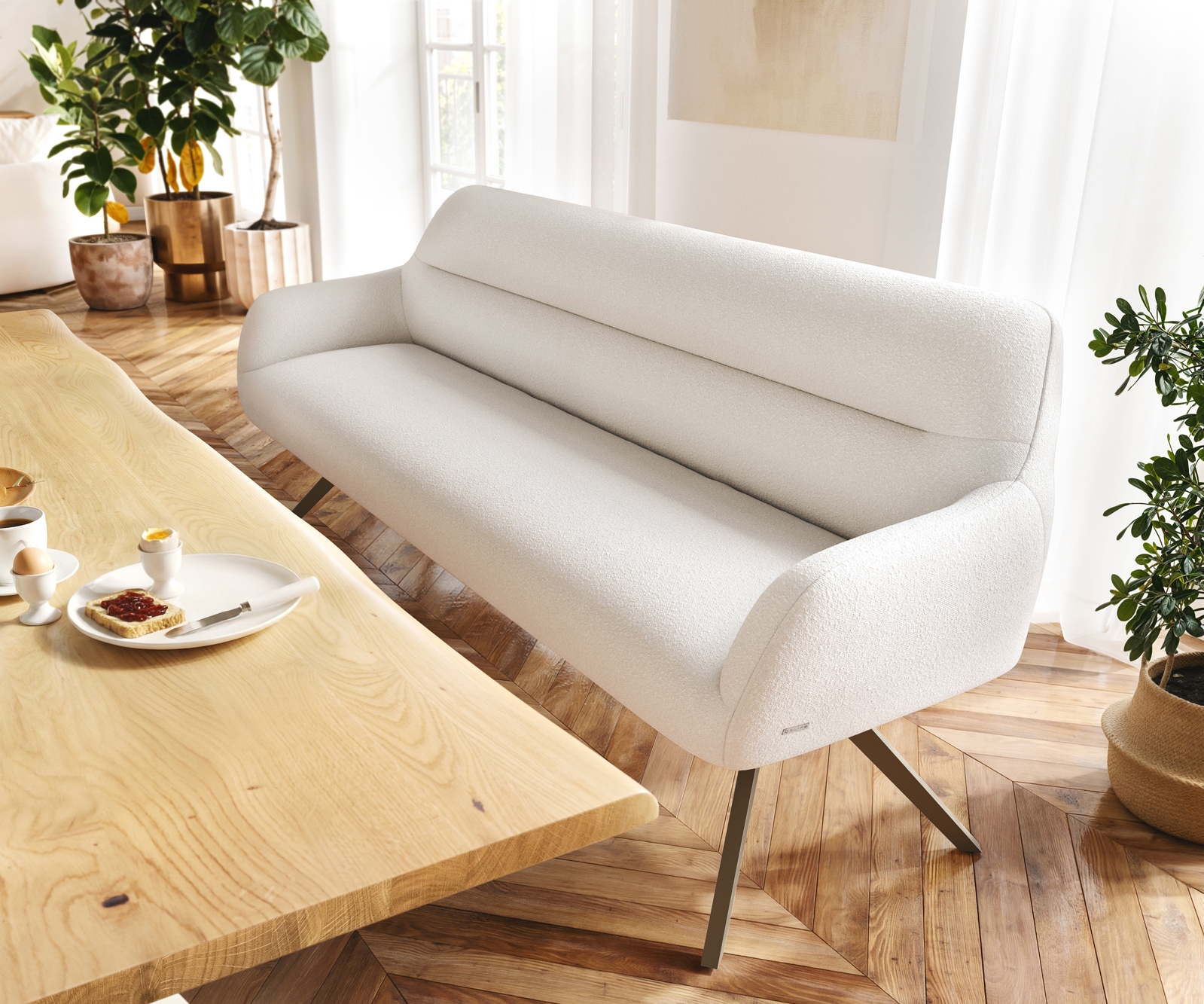 DELIFE Esszimmerbank Taya-Flex 200 cm Bouclé Creme-Weiß Kreuzgestell kantig Effektfinish Titan Taschenfederkern, Bänke Image