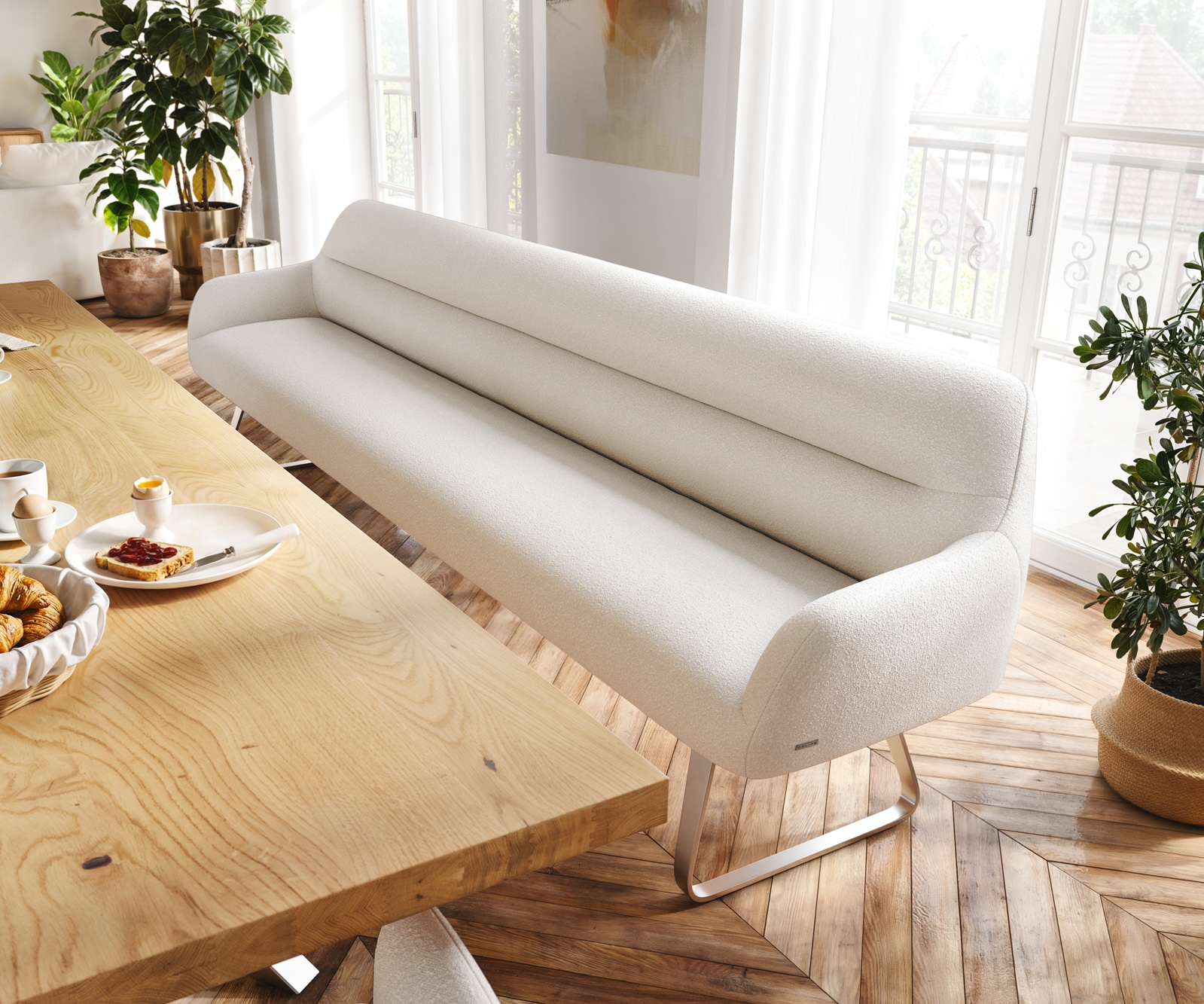 DELIFE Esszimmerbank Taya-Flex 300 cm Bouclé Creme-Weiß Kufengestell flach Edelstahl Taschenfederkern, Bänke