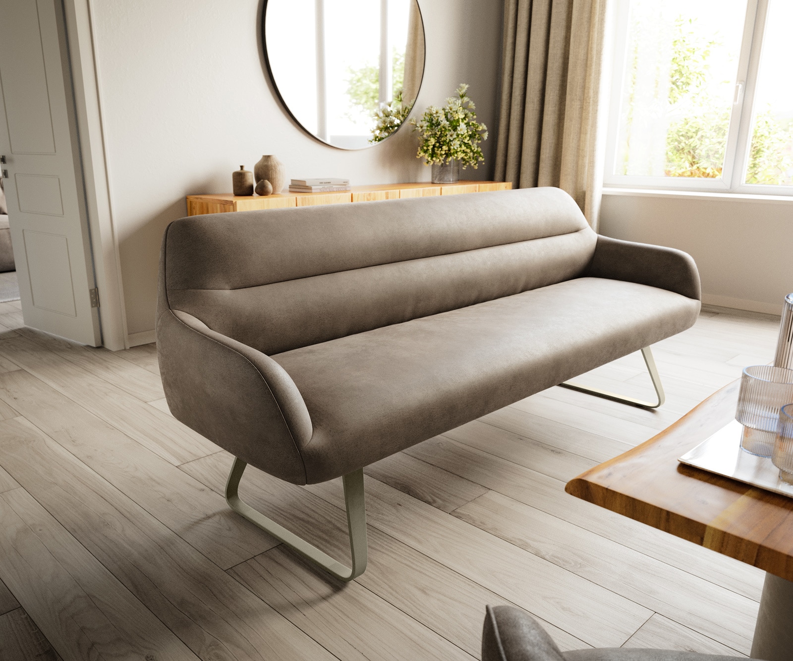 DELIFE Esszimmerbank Taya-Flex 200 cm Mikrofaser Taupe Vintage Kufengestell flach Effektfinish Titan Taschenfederkern, Bänke
