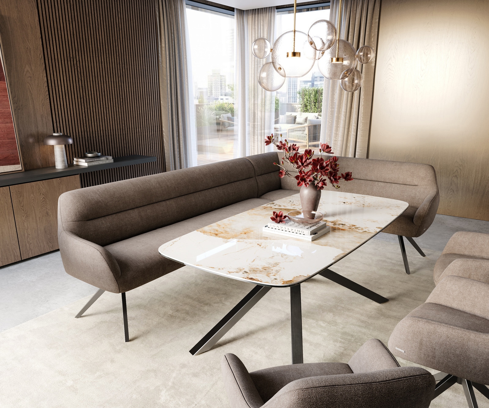 DELIFE Esszimmerbank Taya-Flex 285x190 cm Strukturstoff Soft Taupe Kreuzgestell kantig Graphit Taschenfederkern Rechts, Bänke