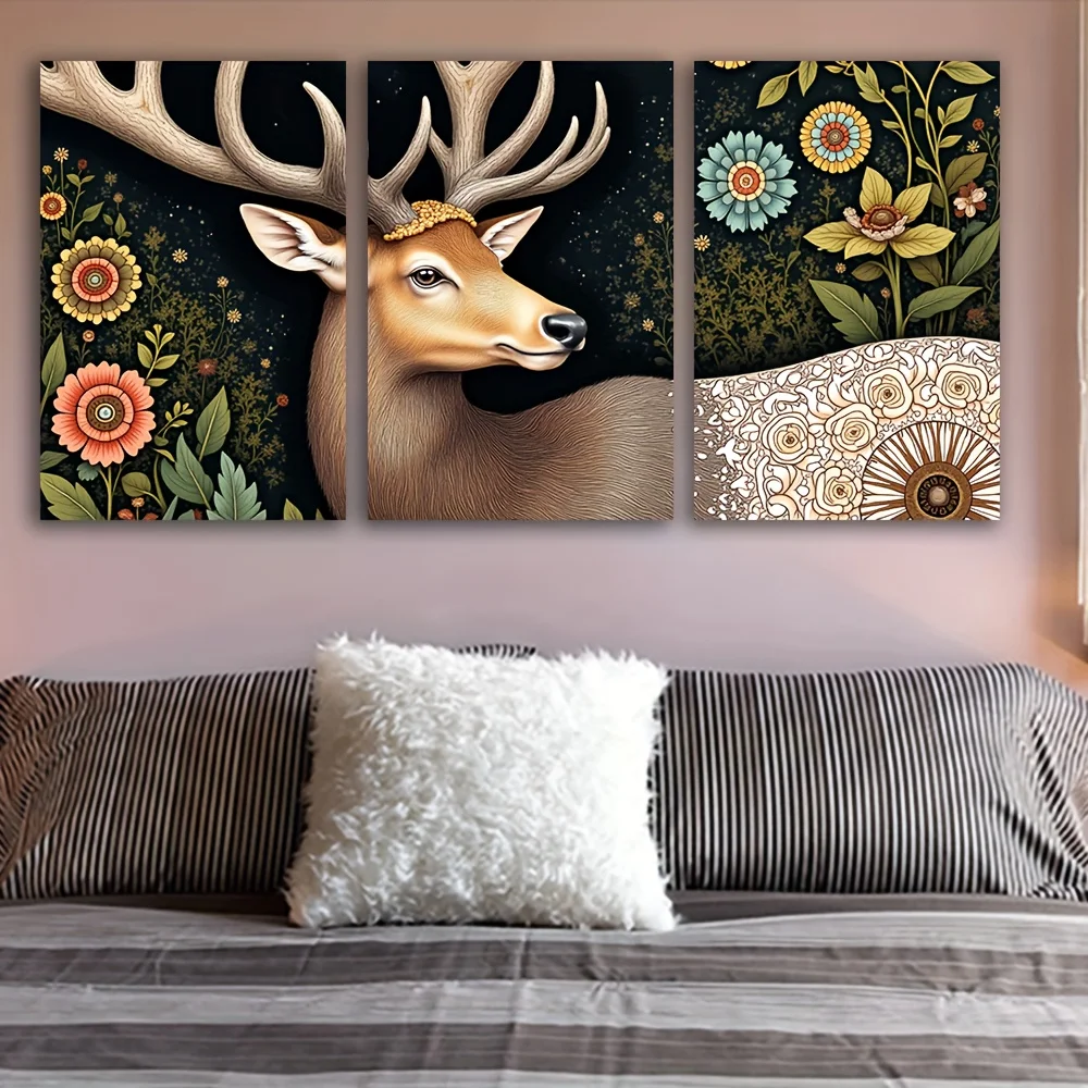 3 Stück rahmenlose Leinwandkunstdrucke – Hirsch im mystischen Wald mit floralen und geometrischen Mustern, ideal für Wohnzimmer, Schlafzimmer, Büro