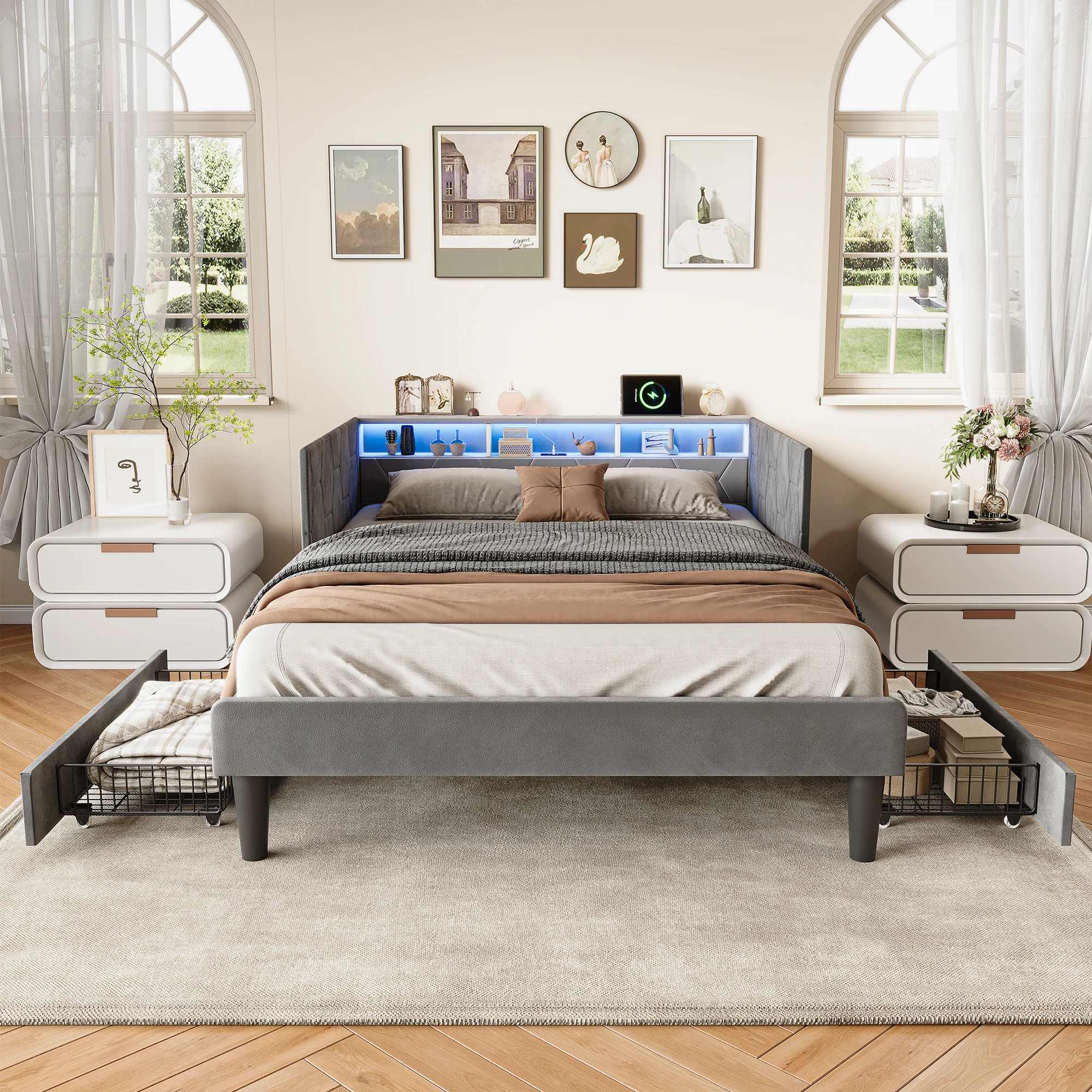 Polsterbett Schlafsofa 90x200 cm, Tagesbett mit LED und USB, Einzelbett mit 2 Schubladen, Daybett mit stauraum, Kinderbett Jugendbett Stauraumbett Gästebett mit Lattenrost, Sofabett für Wohn, Schlaf,