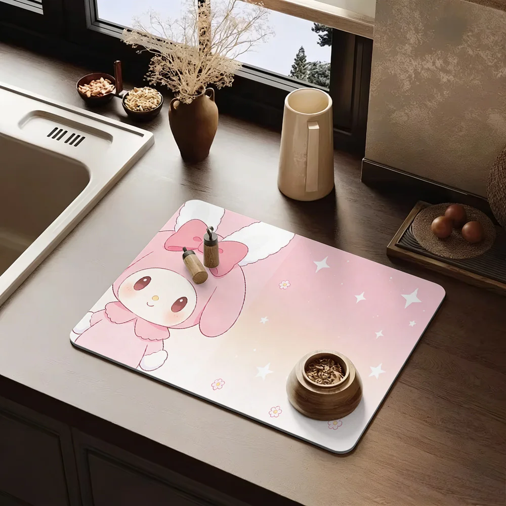 My Melody Flauschiger Hase Blumen-Stern-Druck Rutschfeste Gummiunterseite Waschbare Stoffoberfläche Küchen-Geschirr-Trockenmatte Image