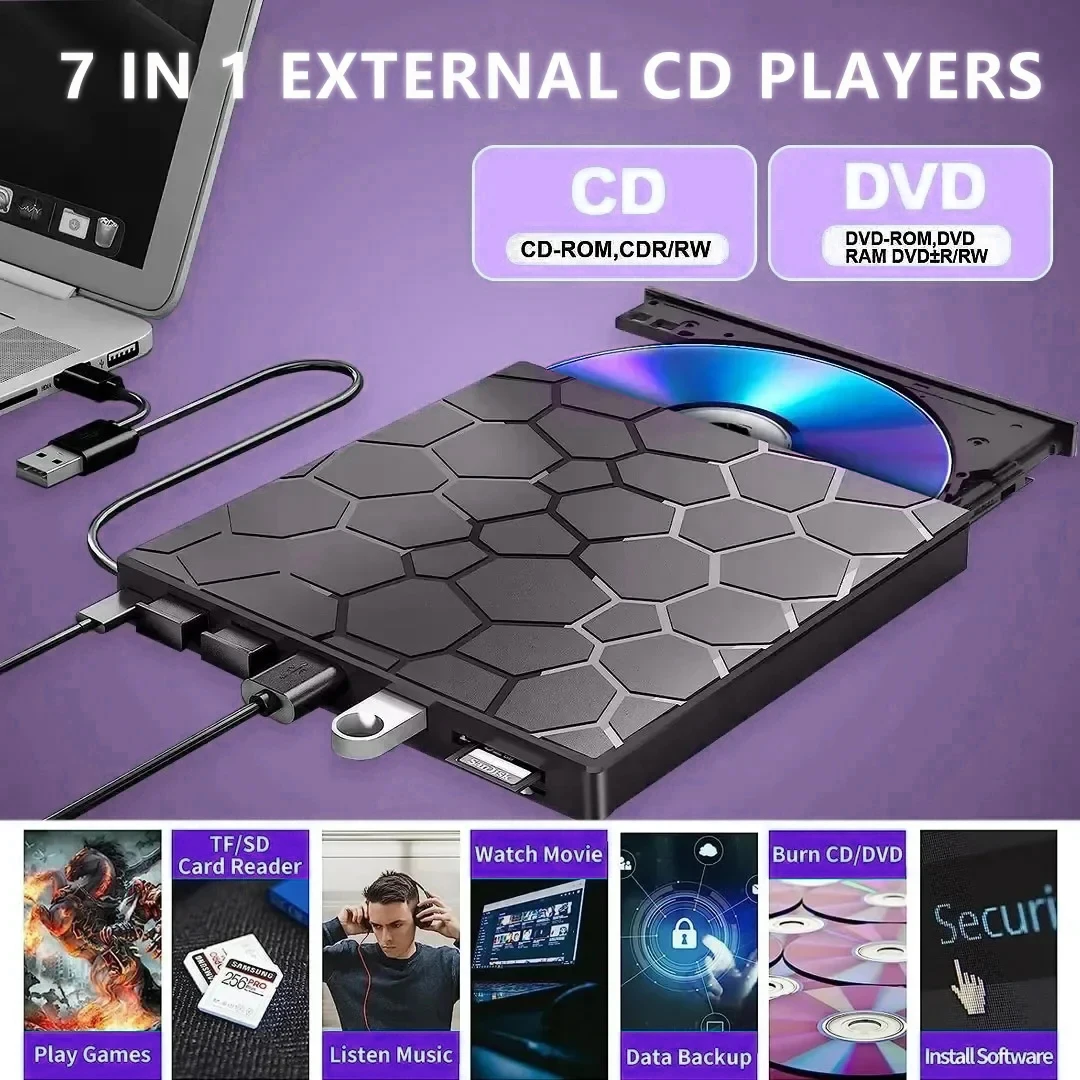 Tragbarer DVD-Player 7-in-1 Externes CD/DVD-Laufwerk USB 3.0 Typ C CD-Brenner Externes Laufwerk für Desktop Mac Windows Linux Image