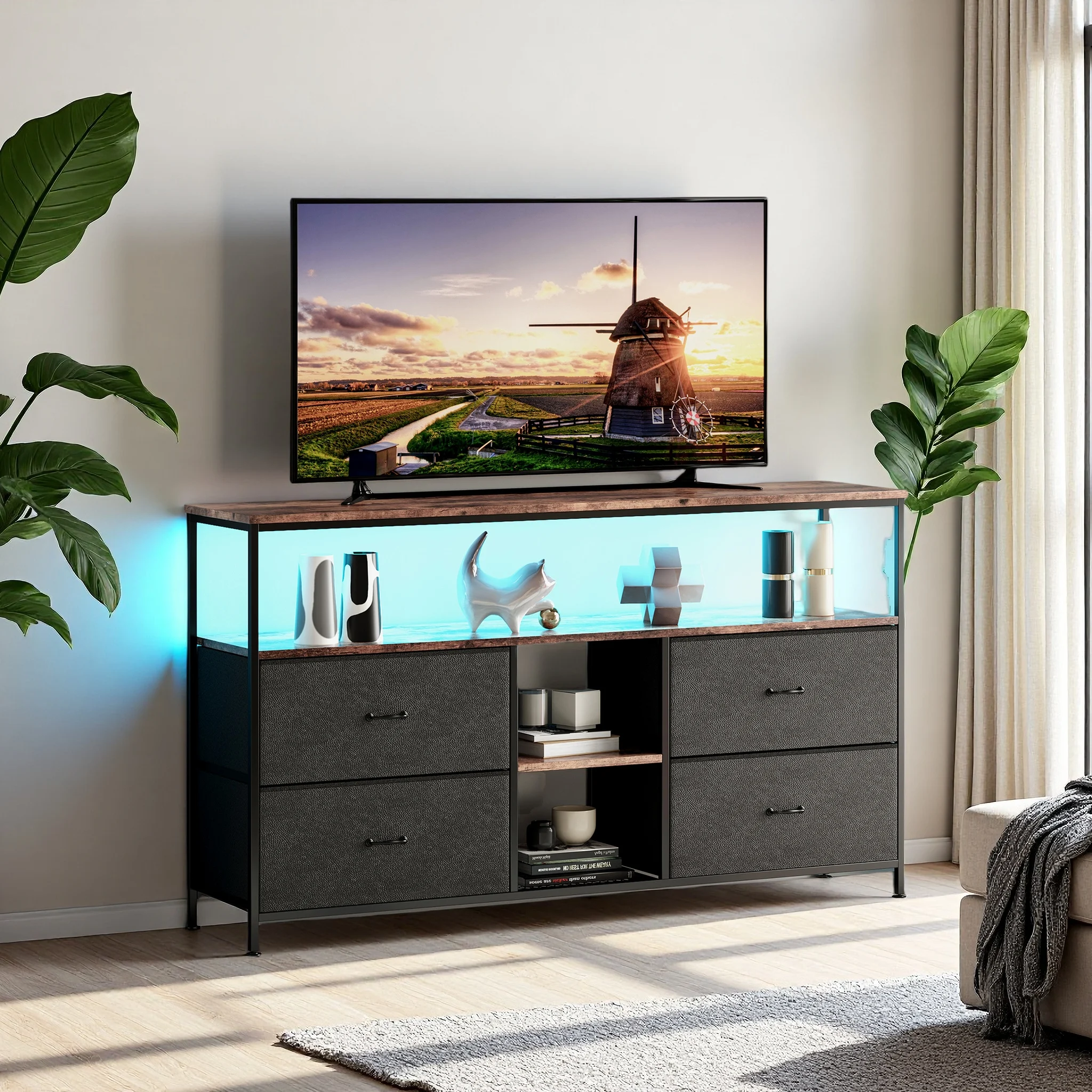 Anajqaqia 108cm TV-Schrank, Lowboard mit LED-Beleuchtung, mit 4 Schubladen und 3 offenen Fächern, für Wohnzimmer und Schlafzimmer Image