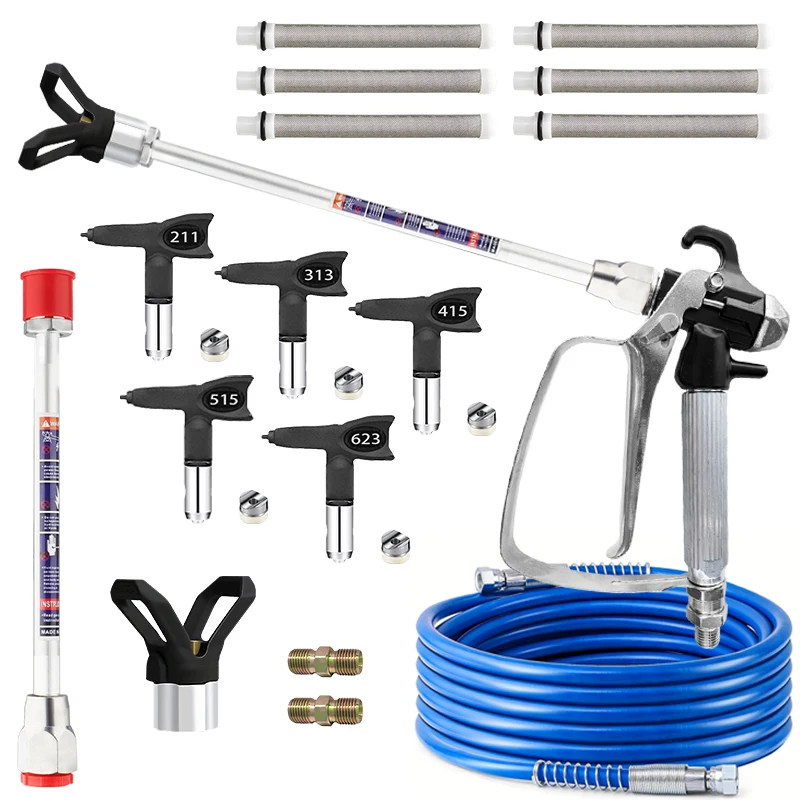 Airless Farbspritzpistole mit Verlängerungsstange, Schlauch, Filtern & 5 Düsen, Hochdruck-Airless-Sprühgerät-Set für Heimwerker Image