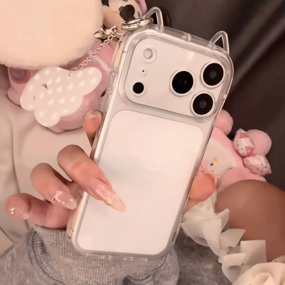 Modische Transparente 3D Niedliche Katzenohren Handyhülle für iPhone 17 Air 16 E 15 14 13 12 11 Pro Max Mini 17 Pro Stoßfeste Weiche TPU-Hülle Image