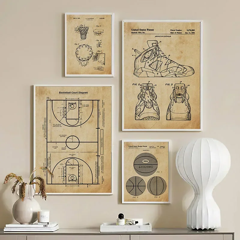 Vintage Sport Basketballplatz Schuhe Wandkunst Leinwandbild Nordische Poster und Drucke Wandbilder für Wohnzimmer