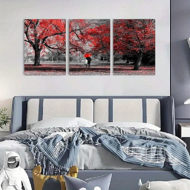 3 Stück Leinwanddrucke, rote Wanddekorationen, Landschaftsbaumdrucke, Kunst-Wald-Ölgemälde, Landschaftsposter, Wandbilder, Schlafzimmer, L