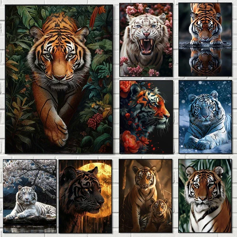 Tropische Pflanzen, Blumen, Wald, der König, Tiger, Tier, minimalistische Ästhetik, Leinwandgemälde für Wohnzimmer, moderne Heimdekoration