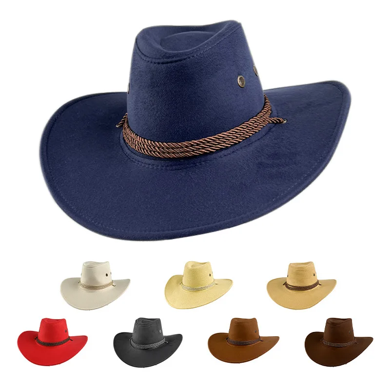 Klassischer Western Cowboyhut aus Kunstwildleder, Unisex, breite Krempe, Fedora Jazz Cap mit Seil-Dekor, Retro Britischer Stil, Outdoor Party Sonnenhut Image