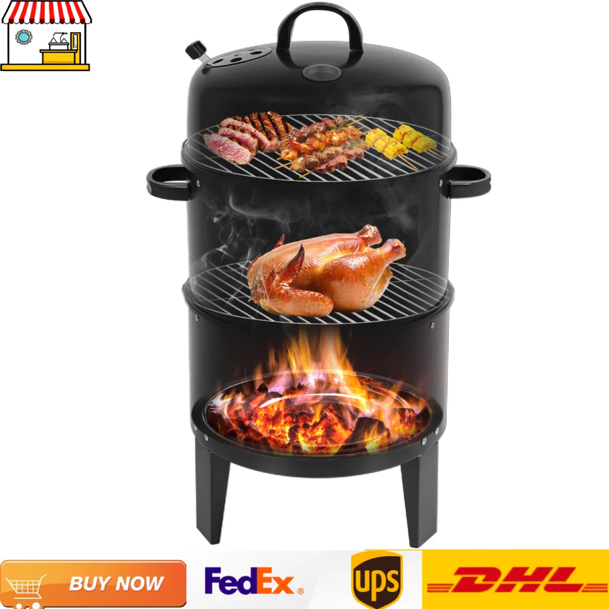 3-in-1 Freistehender Holzkohle-Räuchergrill | 2-stöckiger 40cm Grill-Smoker mit Thermometer und verstellbaren Dämpfern Image