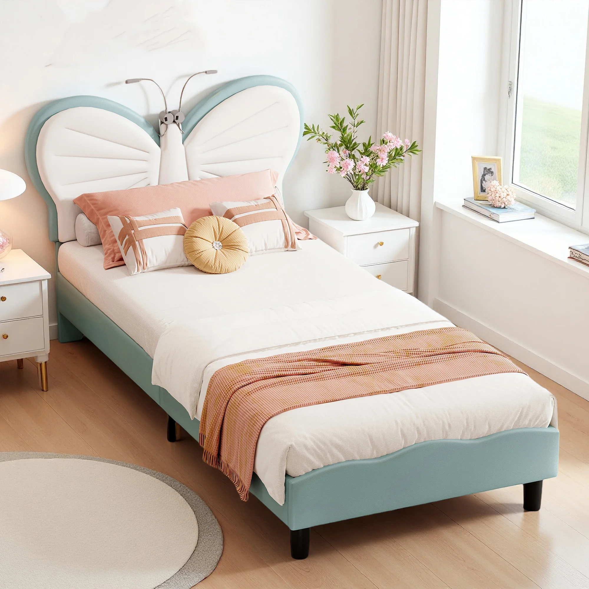 Comanlai 90x200cm Polsterbett, Kinderbett mit Leselampen, Schmetterlings-Kopfteil, Einzelbett für Schlafzimmer, Samt, Blau Image