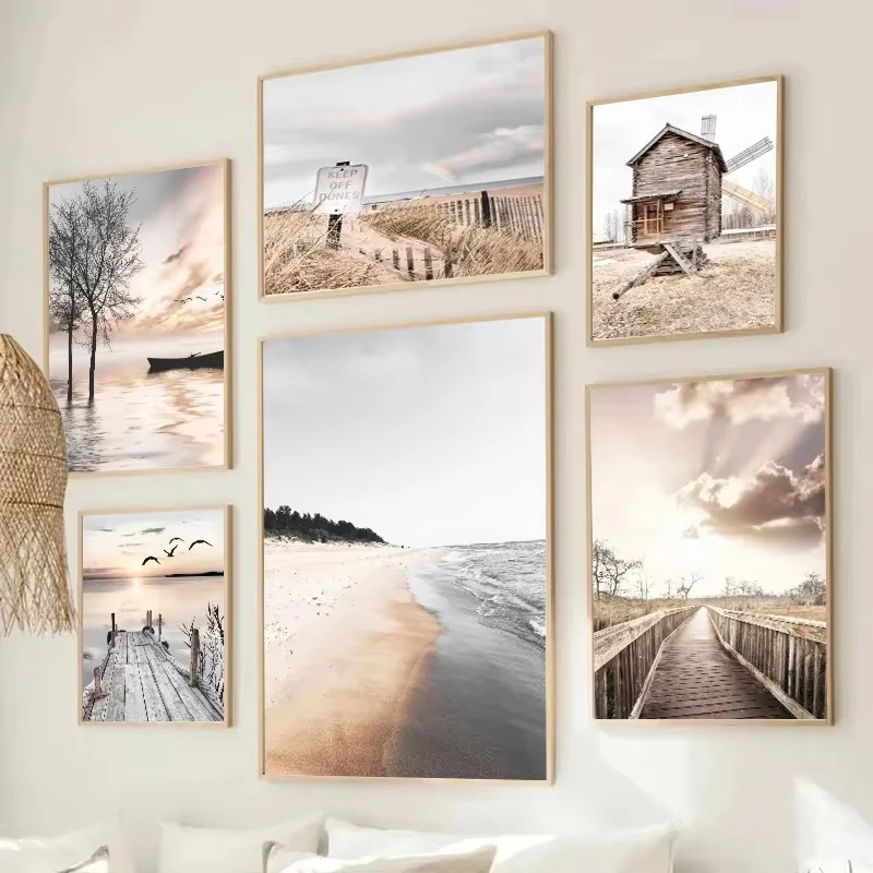 Meer Brücke Windmühle Boot Strand Möwe Wand Kunst Leinwand Malerei Nordic Poster und Drucke Bilder für Wohnzimmer Wohnkultur