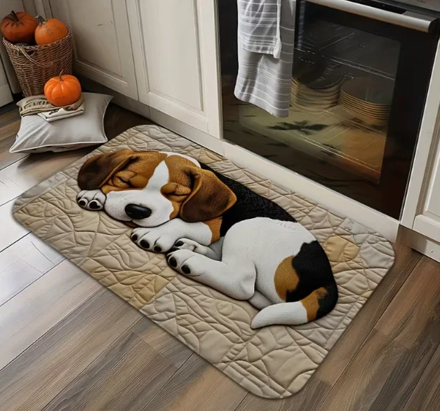 1 Stück niedliche Bodenmatte mit schlafendem Beagle-Motiv, warme Heimdekoration, weiches und angenehmes Fußgefühl, bedrucktes Design, langlebiger Eingangsteppich Image
