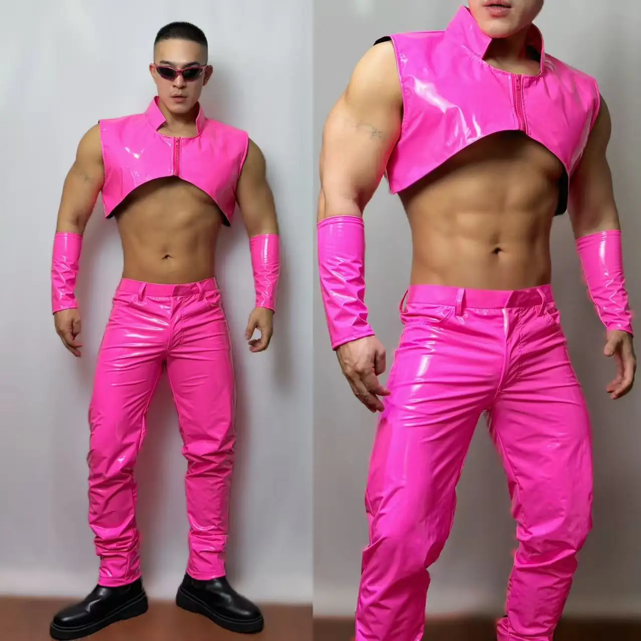 Sexy fluoreszierend rosa Lederweste und Hose für Herren – Tanzkostüm für Nachtclub, Gogo-Tanz, DJ, Sänger, Konzert, Bühnenauftritt