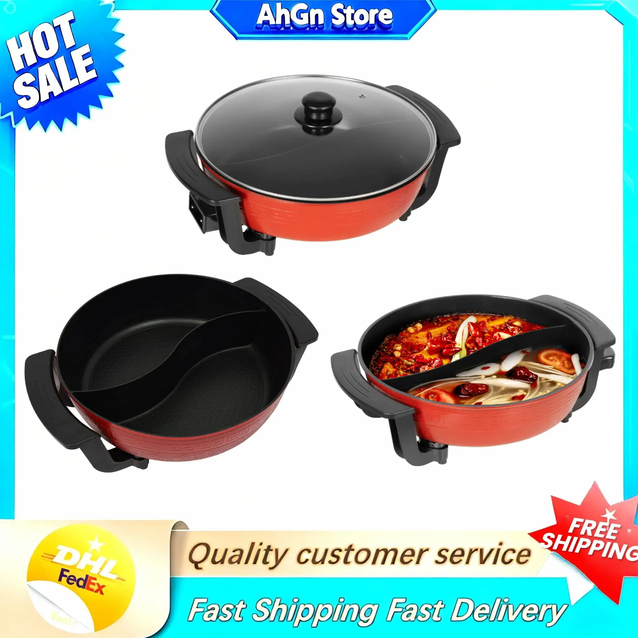 Elektrischer Haushalts-Multifunktions-Hot Pot, 6 l, Mandarinen-Enten-Topf, chinesisches Fondue, großes Fassungsvermögen, Rot, für Zuhause, 3–4 Personen Image
