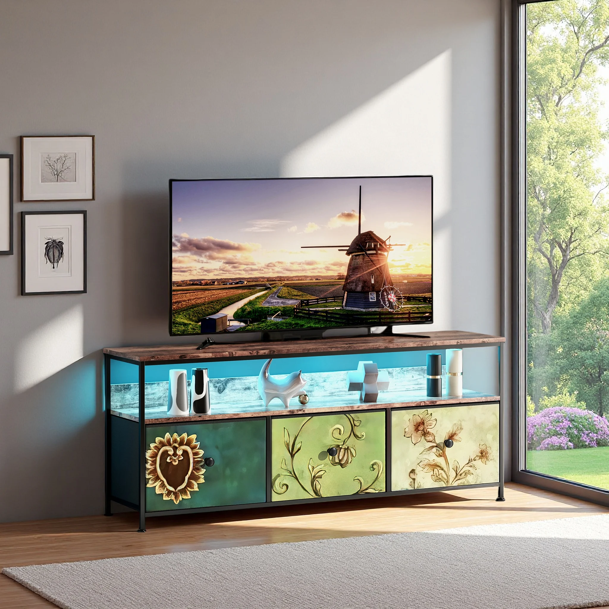 Superaly TV-Schrank, Fernsehtisch mit LED-Beleuchtung und 3 Schubladen, TV-Ständer, Stauraum, Lowboard, 137cm