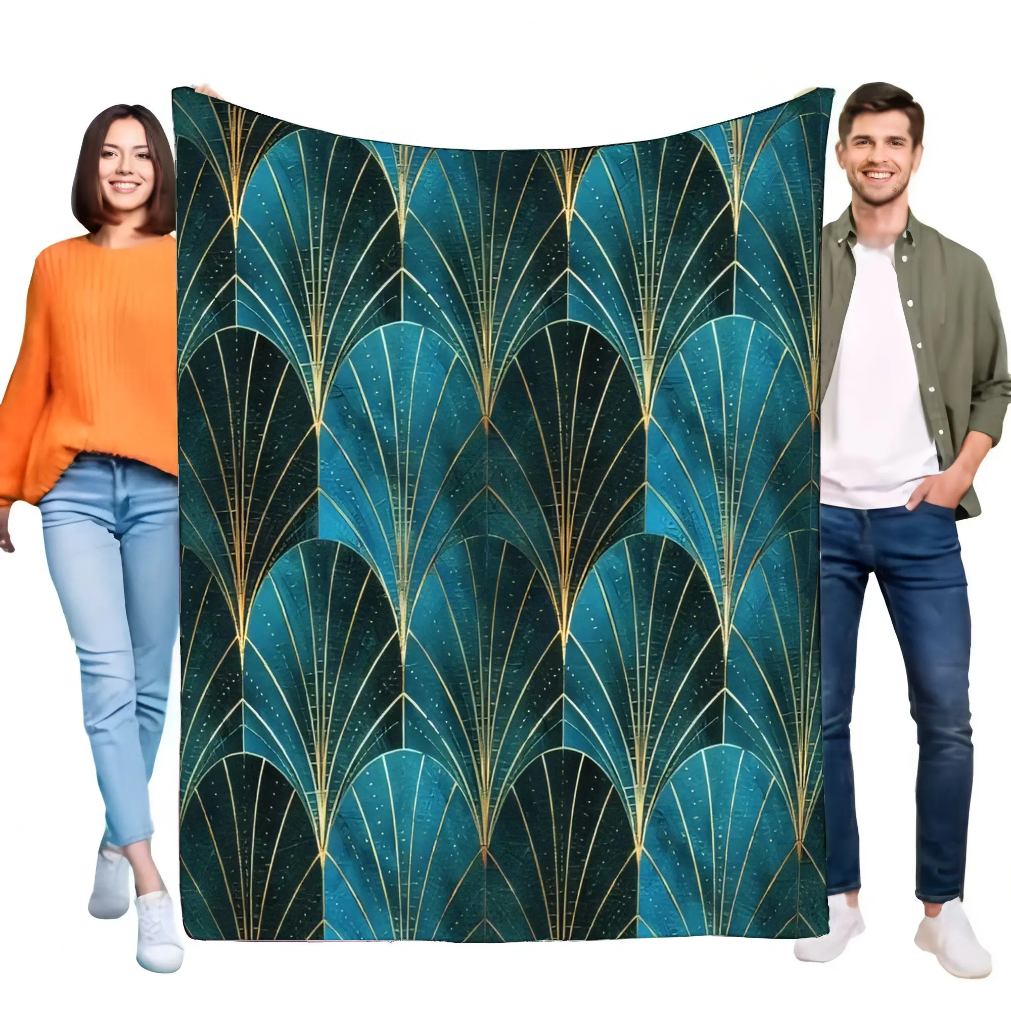 Luxuriöse Überwurfdecke mit Art-Deco-Fan-Muster, blaugrün, goldfarben, weich, gemütlich, leicht, elegant, dekorativ, für Bett, Sofa, Couch, Wohnzimmer, Krieg