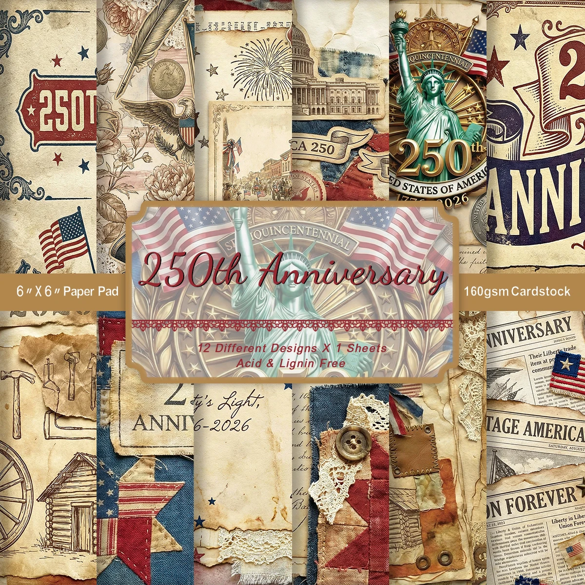 12 Stück Vintage American Anniversary Scrapbook-Papier, patriotisches Design für Junk Journals zum Unabhängigkeitstag, Collage, DIY-Bastelarbeiten Image