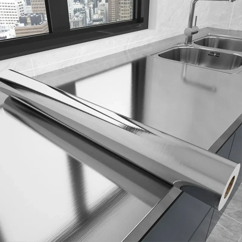40 cm breite, selbstklebende Tapete in gebürstetem Silber, modern, feuerfest und wasserdicht, für Kühlschrank, Wohnzimmer, Küche, Arbeitsplatte Image