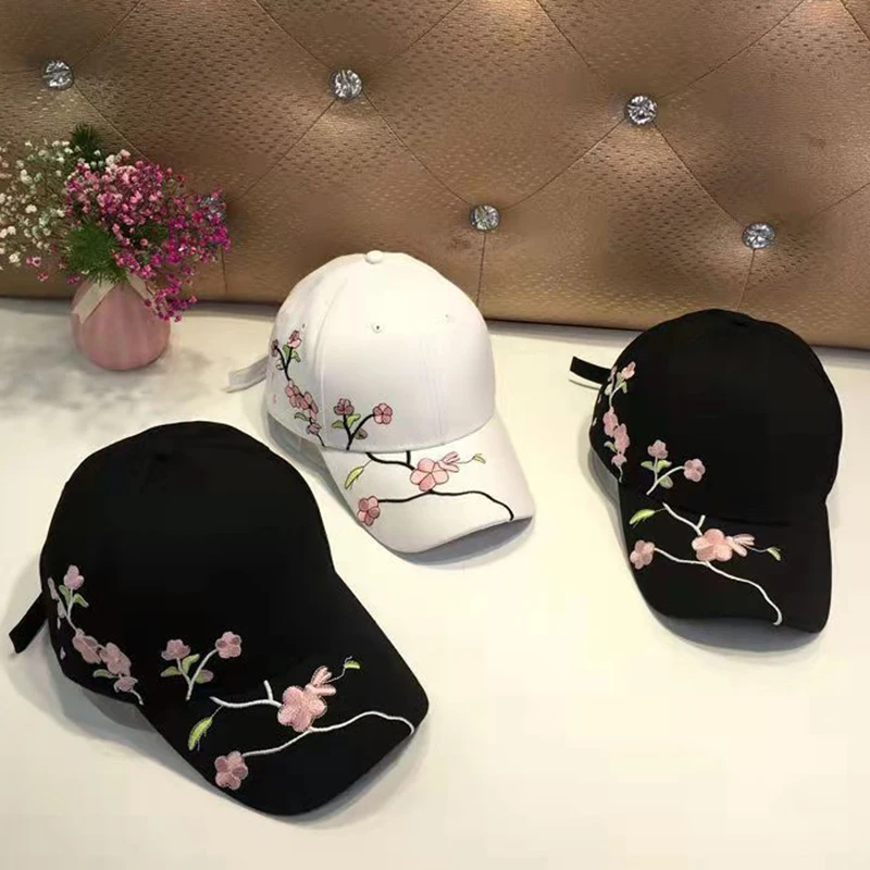 JK Koreanische Blume Stickerei Baseball Caps Frauen Mädchen Nette Pflaume Outdoor Lange Krempe Sonnenblende Hüte Baumwolle Einstellbare Sport Kappe Image