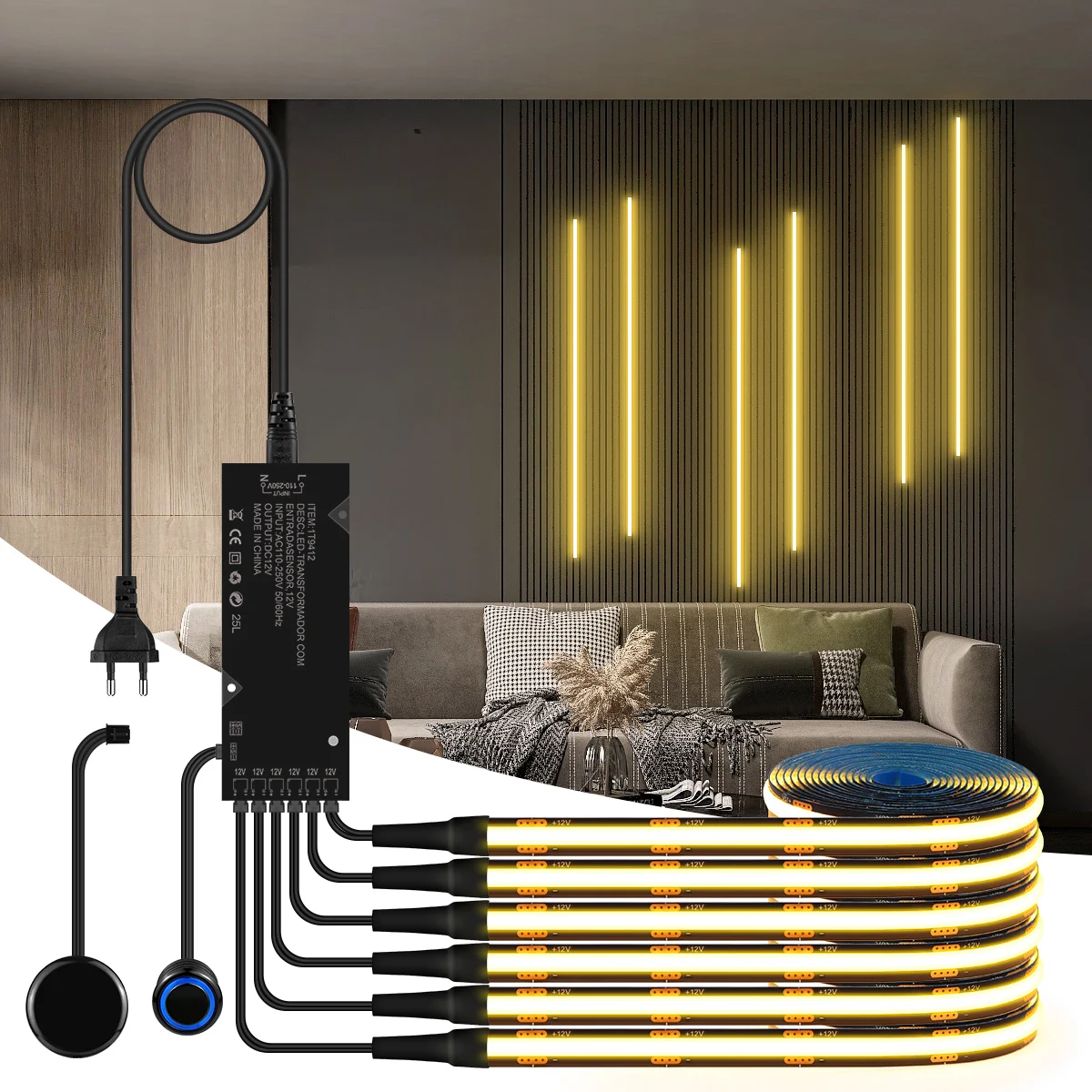 Doppel-Touch-Sensor-Schalter Dimmbares COB LED-Lichtband Schwarze Leiterplatte Walnussholzmaserung Gitter Vorhang Wandlampe TV-Hintergrundbeleuchtung Deko