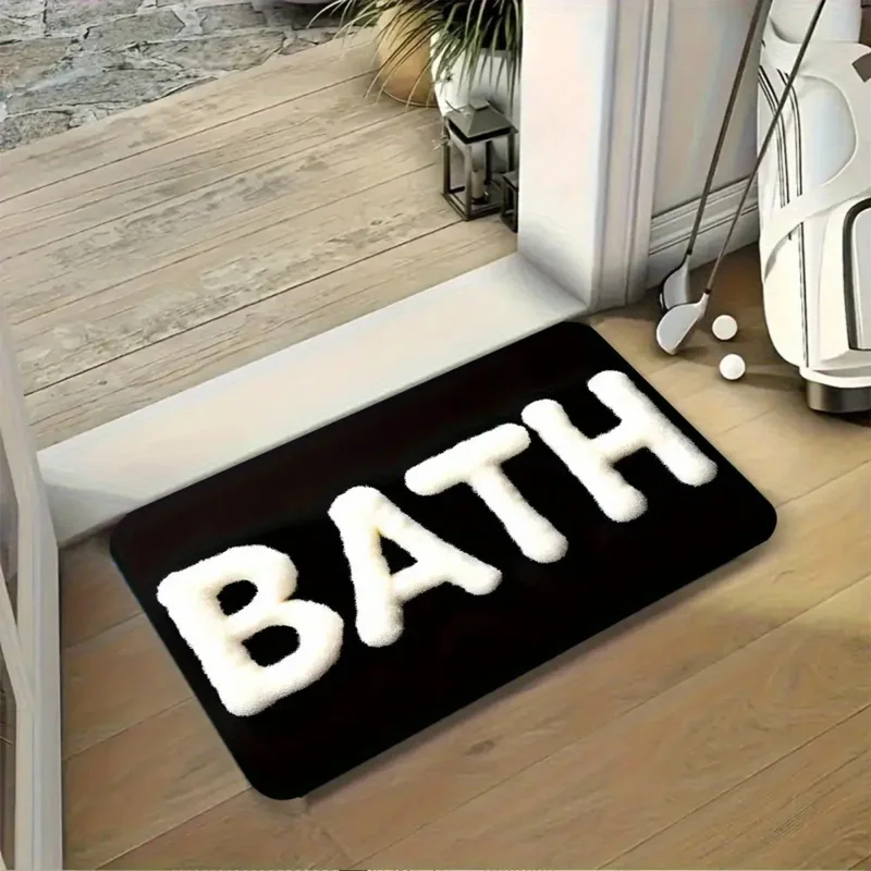VIKAMA Minimalistischer Badezimmer-Bodenteppich mit schwarzem und weißem Schriftzug, rutschfest, saugfähig, für Waschküche, Eingangsbereich, Heimdekoration Image