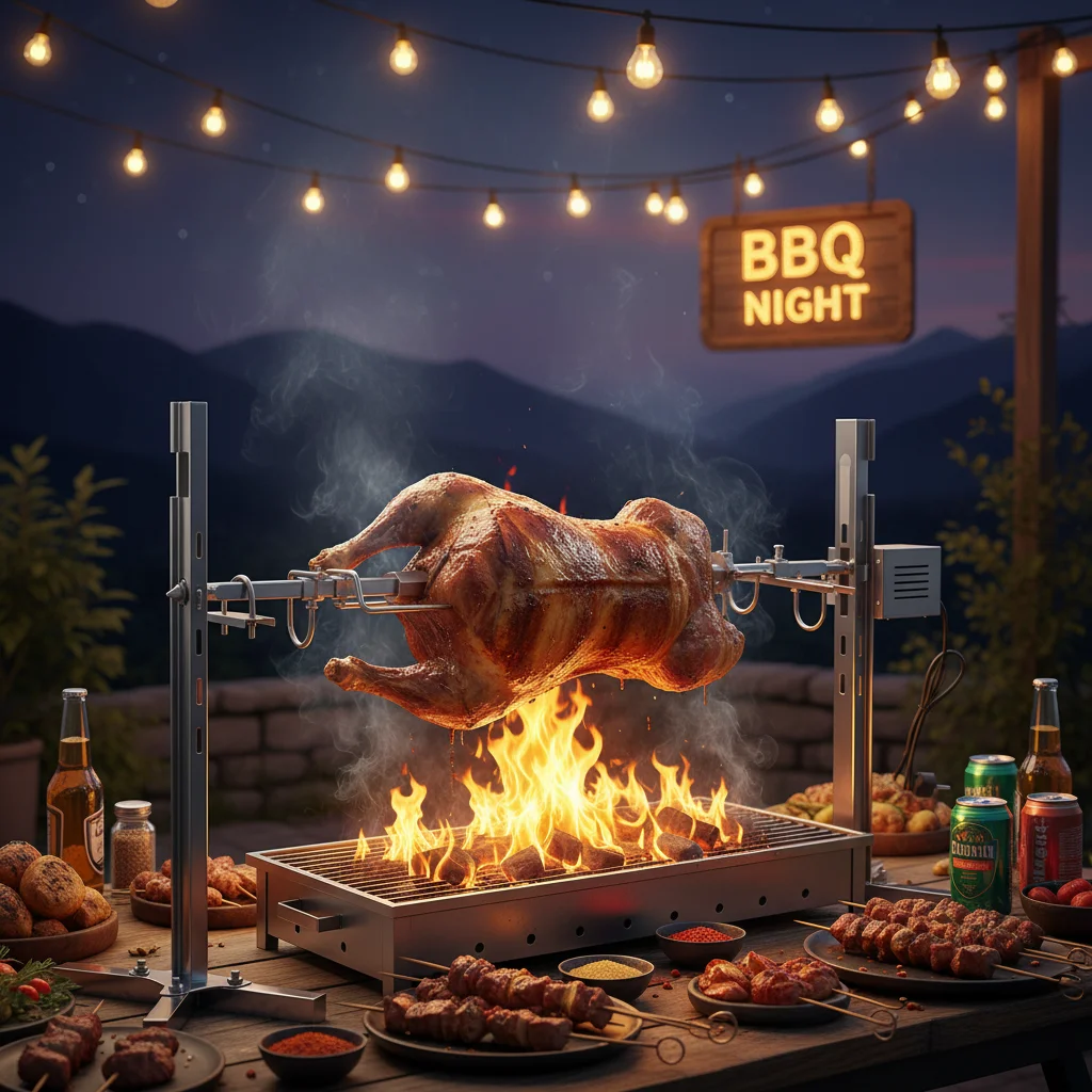 Drehspieß-Grillset 360 ° Automatisch Rotierender Motorlager-Edelstahl-Rotisserie-Kit Elektrischer Edelstahl-Grillspieß