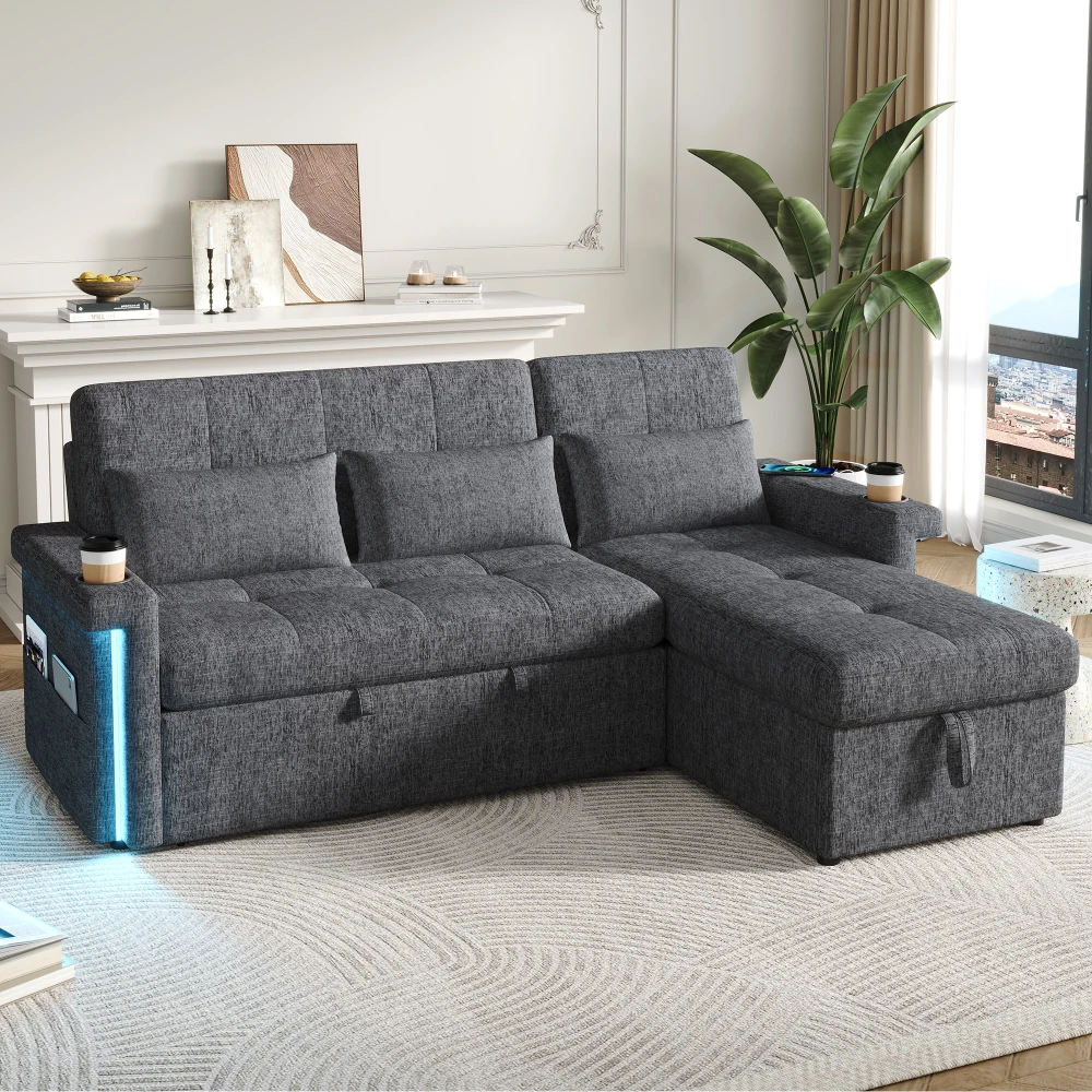 L-förmiges Ecksofa, LED-Beleuchtung und USB-Anschlüsse, verstellbare Rückenlehne mit Kissen und Getränkehalter, mit Stauraum Image