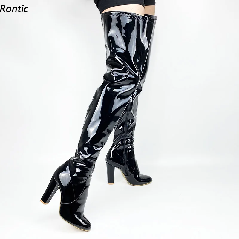 Rontic Persönliche Maßgeschneiderte Frauen Frühling Oberschenkel Stiefel Unisex Patent Block Heels Runde Kappe Elegante Schwarz Cosplay Schuhe UNS Größe 5-20