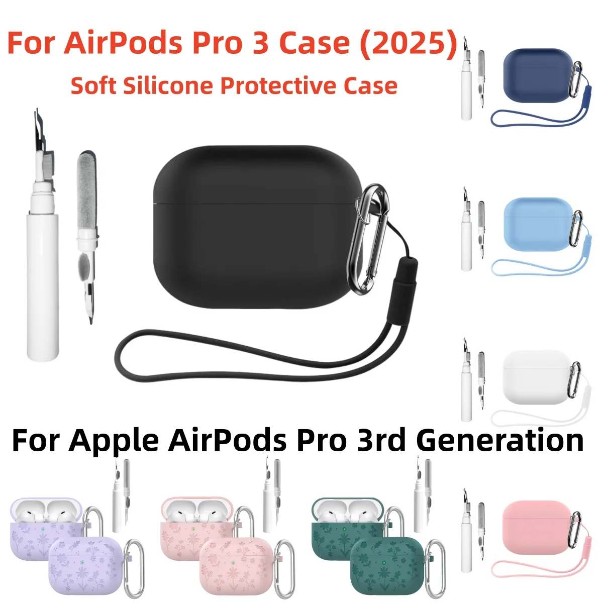 für (2025) AirPods Pro 3 Hülle Weiche Silikon-Schutzhülle für Apple AirPods Pro 3. Generation mit Reinigungsset und Schlüsselanhänger Image