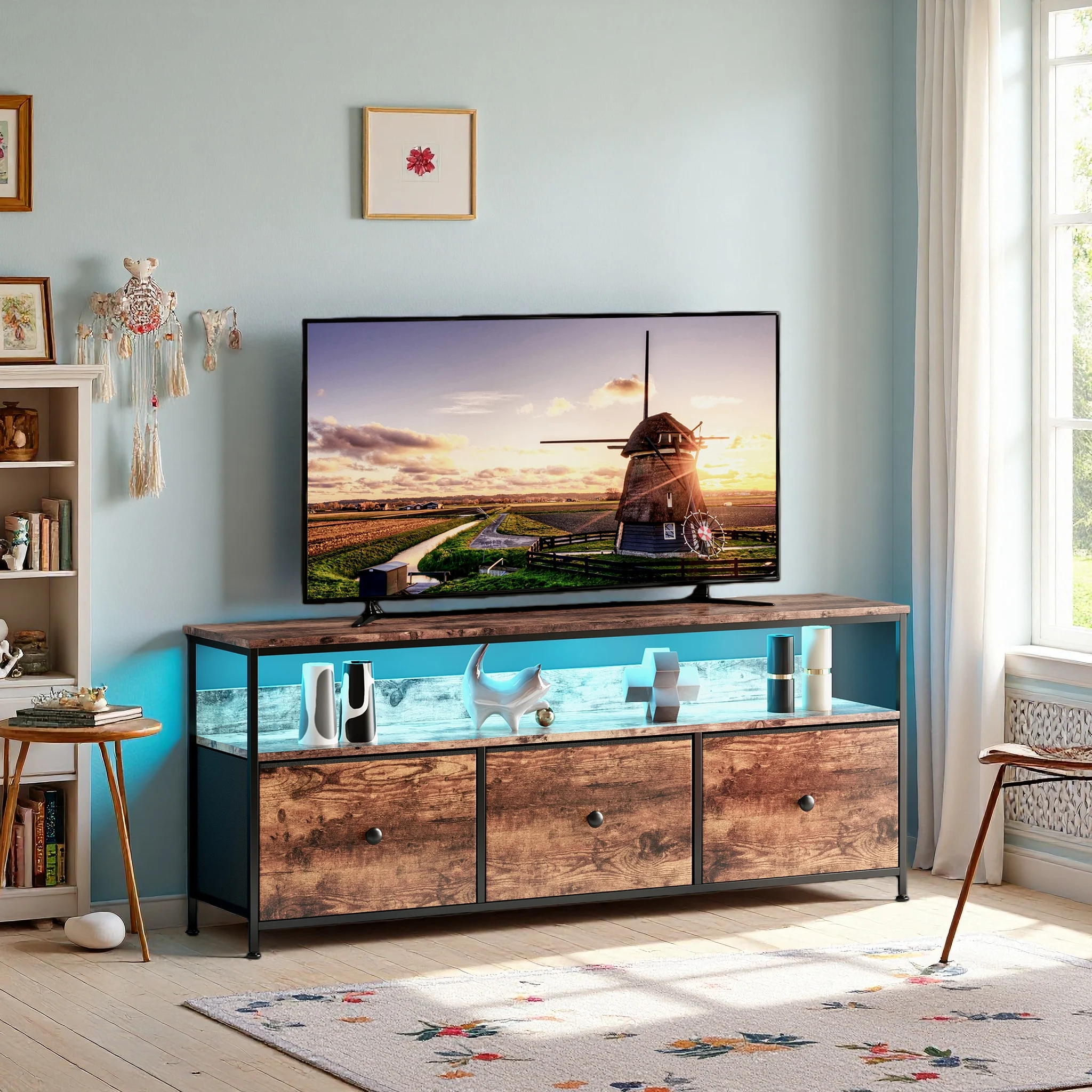 Anajqaqia 108cm TV-Ständer, Aufbewahrungseinheit, Vitrine, Niedriges Schrankchen mit 3 Aufbewahrungsschubladen und LED-Beleuchtung, für Wohnzimmer Image