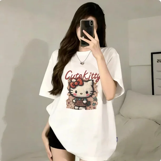 Sanrio 2026 Summer Comic Form Hello Kitty Image 100 % Baumwolle bedrucktes Freizeit-T-Shirt für Erwachsene und Kinder, Eltern-Kind-Oberteil, Homewear, Y2k.