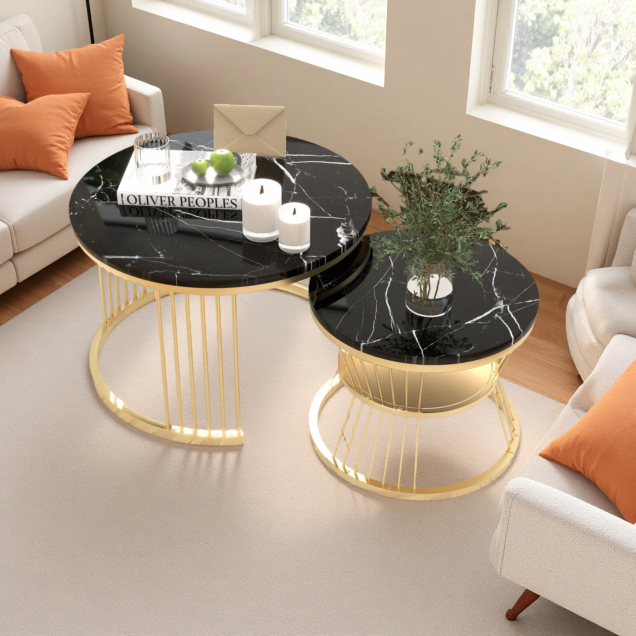 Comanlai 2er-Set Moderne Ineinanderstellbare Couchtische, Couchtisch-Set, Marmor-Furnier Sofa-Beistelltische, Runde Beistelltische, Schwarz Image