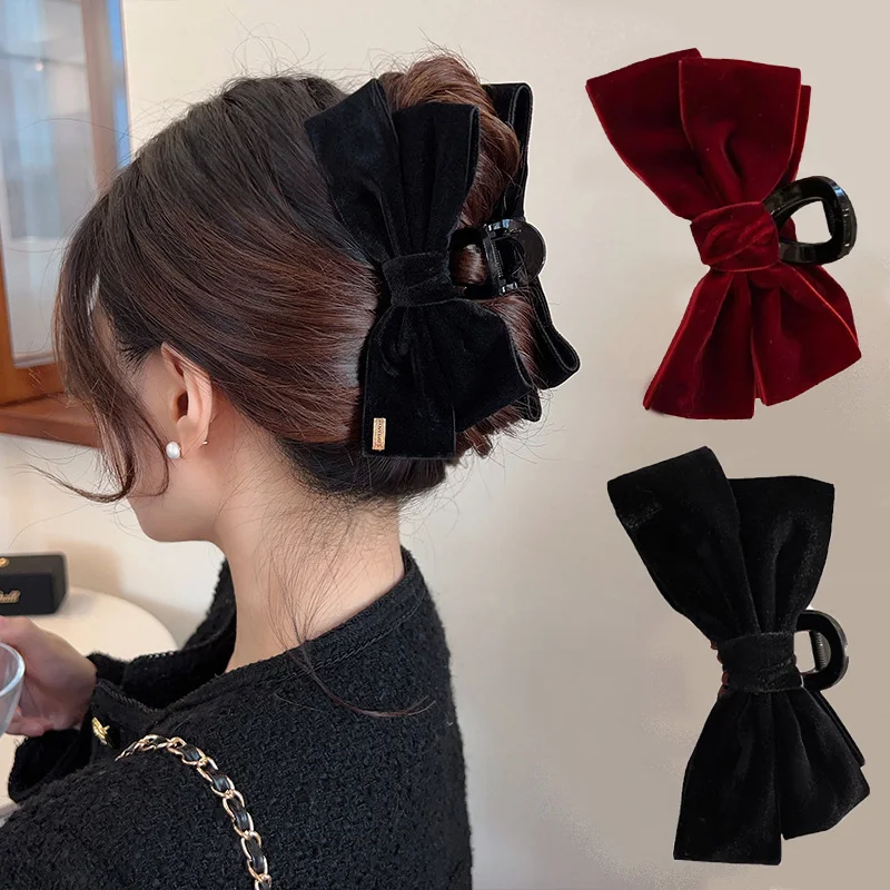 Erweiterte Textur Samt Haarspangen Schwarz Doppelseitige Schleife Hai Clips Frauen Hinterkopf Haarnadel Mode Haarspangen Haarschmuck Image