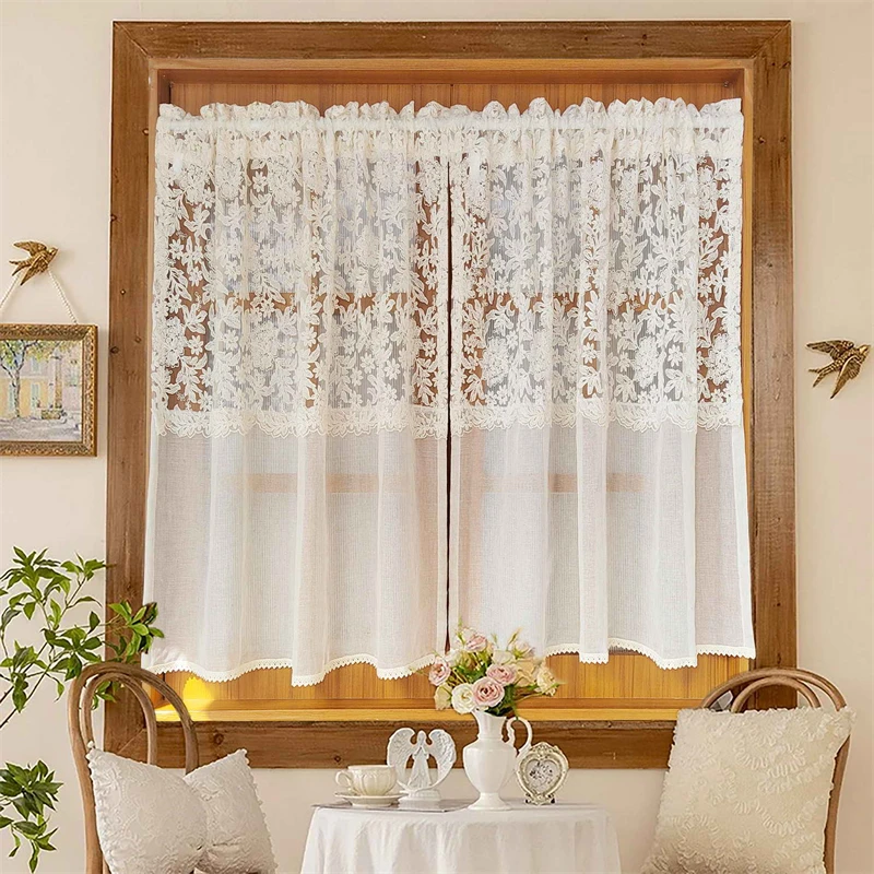 Französische 3D-Blumen-Spitzenvorhänge für Schlafzimmer, Küche, französische Romantik, mit Spitze bestickte Vorhänge, Stangentasche oben, gewebte, durchsichtige Vorhänge Image