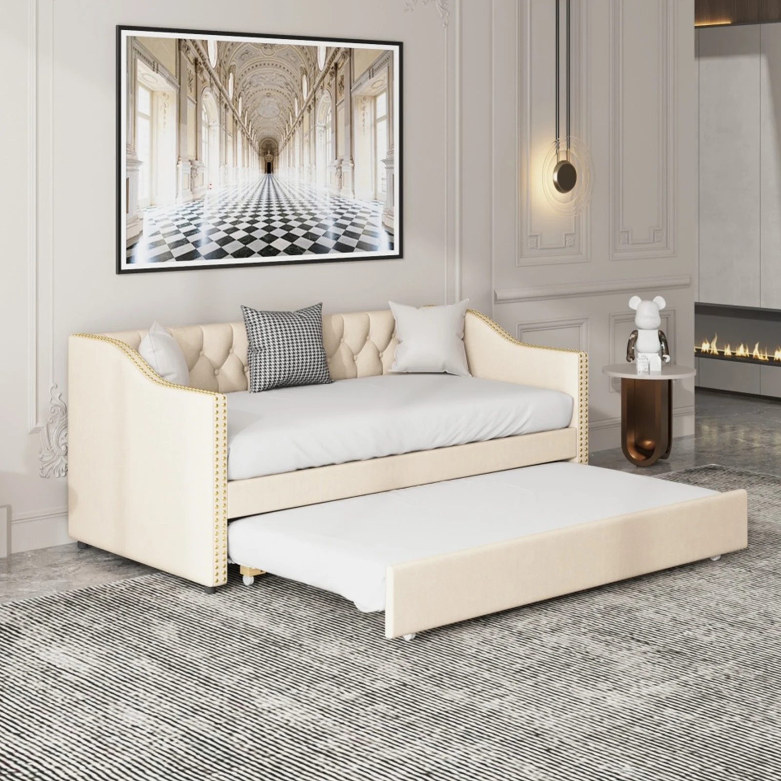 Anajqaqia 90/180 x 200 cm gepolstertes Schlafsofa, ausziehbares Schlafsofa mit Lattenrost, Tagesbett, ohne Matratze, Leinen, Beige Image